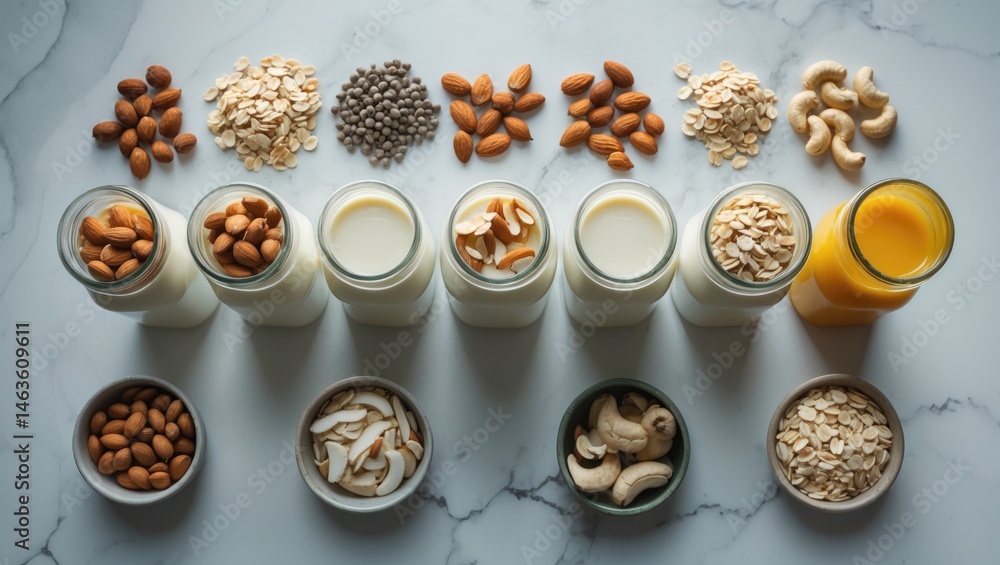 Non-dairy, vegan milk selection with diverse ingredients displayed in bottles, overhead view on background Non-dairy, vegan milk selection with diverse ingredients displayed in bottles, overhead view on background