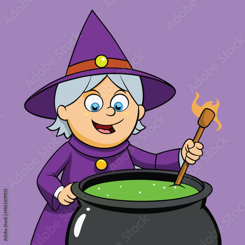 Cartoon Witch Brewing Potion