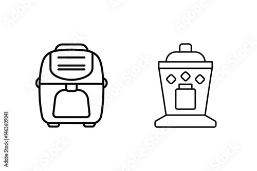 Illustrated outline of two modern kitchen appliances air fryer and coffee maker on white background