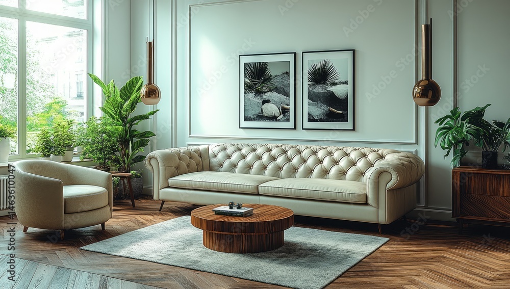Fototapeta premium Elegant living room interior design with beige furniture.