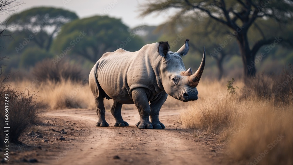 Fototapeta premium National park scene featuring Southern white rhinoceros and lions; Ceratotherium simum simum and Panthera leo present