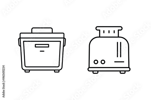 Simple black and white vector illustrations of a rice cooker and a toaster for culinary projects
