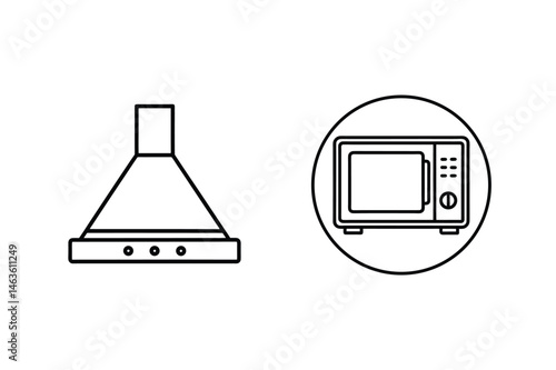 Simplified black and white kitchen appliances including extractor fan and microwave oven illustrations