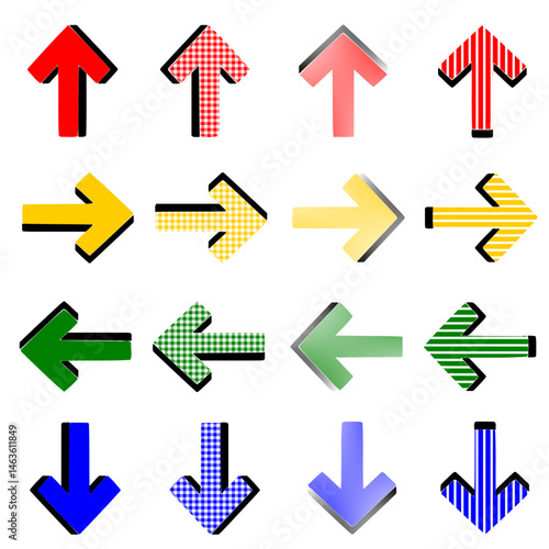 カラフルでポップな模様のある立体的な矢印セット（ベクター素材）