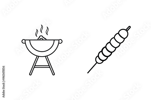 Minimalist illustration of a charcoal barbecue grill and skewered meat for summer outdoor cooking