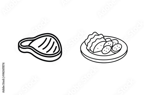 Minimalist outline illustration featuring steak and dumplings for food and restaurant concepts