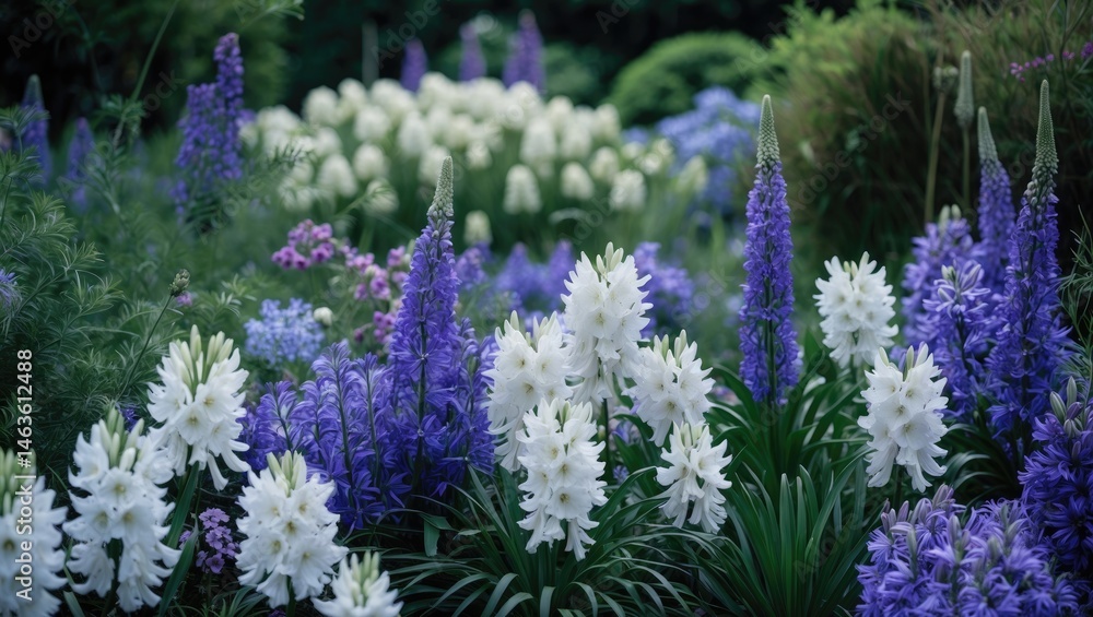 Obraz premium Wildflower garden scene showcasing white and blue flowers in a panoramic view