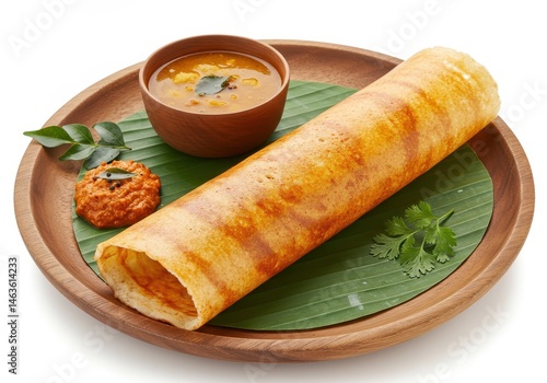 Crispy dosa served with sambar and chutney on a wooden plate with banana leaf garnish