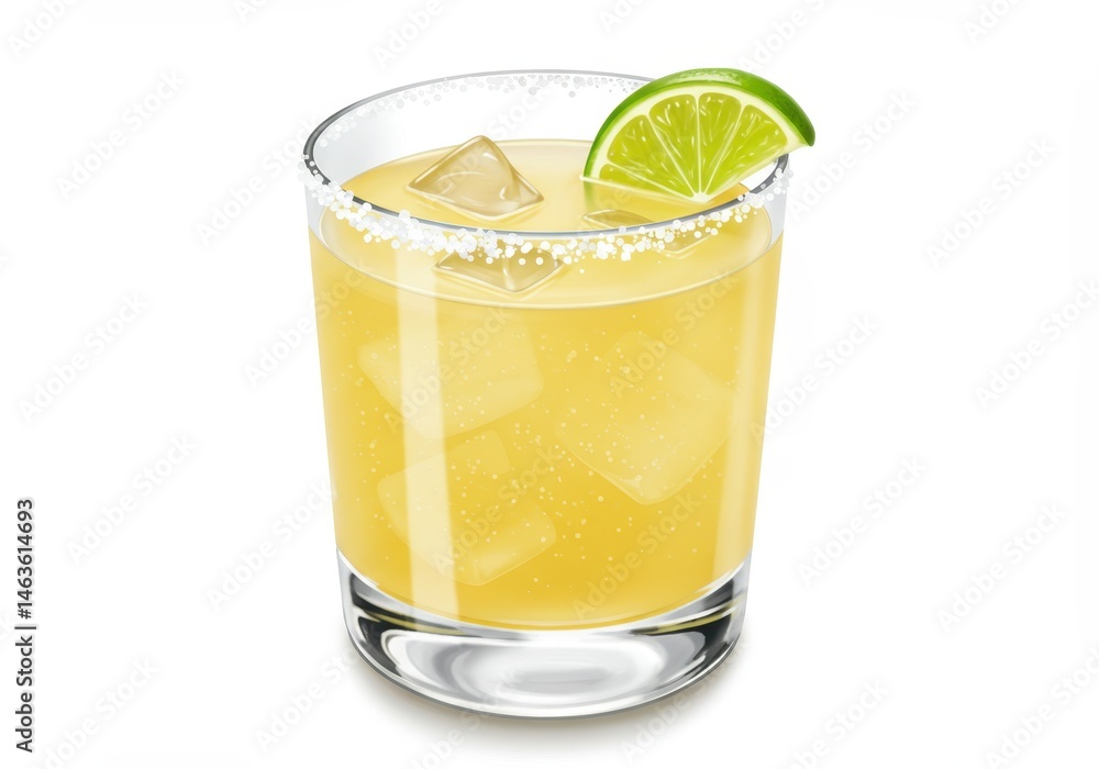 Refreshing margarita cocktail with ice cubes and a lime wedge garnish on a clear glass with a salted rim Refreshing margarita cocktail with ice cubes and a lime wedge garnish on a clear glass with a salted rim