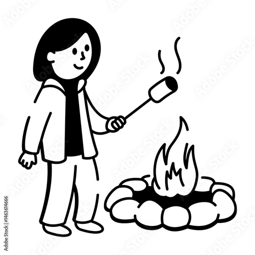 Roasting marshmallows in hand drawn style icon 
