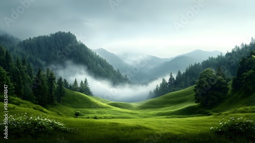 Pastoral countryside landscape with rolling hills and misty forest