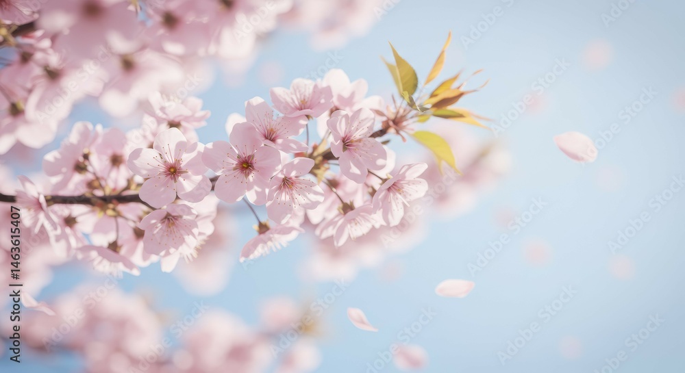 Blooming Tree with Pink Flowers and Falling Petals on a Sunny Day Blooming Tree with Pink Flowers and Falling Petals on a Sunny Day