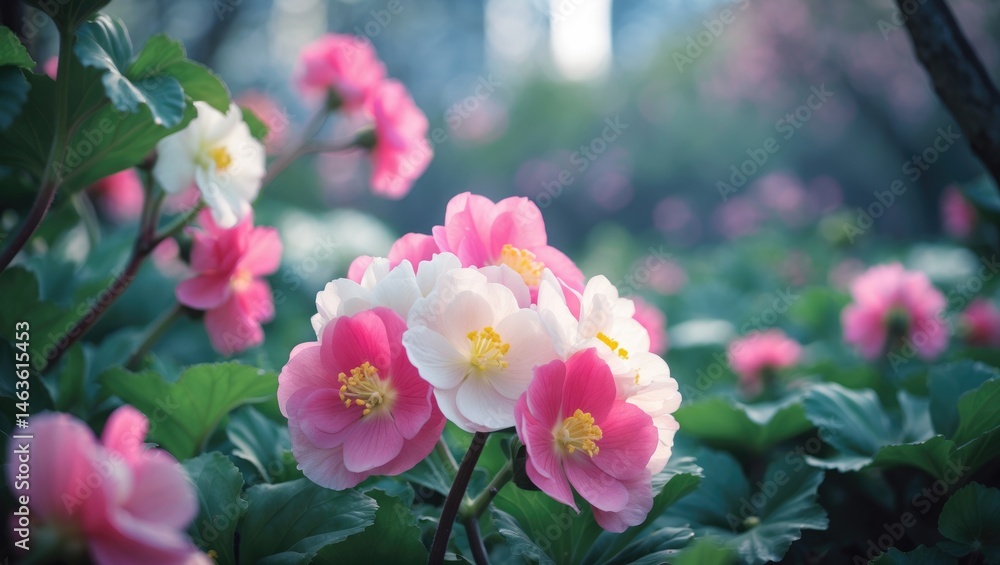 Obraz premium Fresh Begonia Flowers and Leaves in the Botanical Garden During Spring