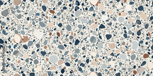 Seamless terrazzo pattern with various stone shapes and pastel colors for background