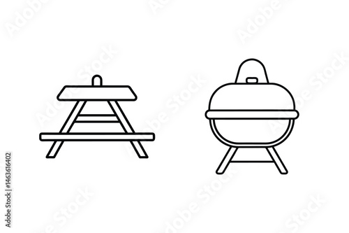 Picnic and bbq equipment vector illustrations depicting a simple outdoor gathering preparation.