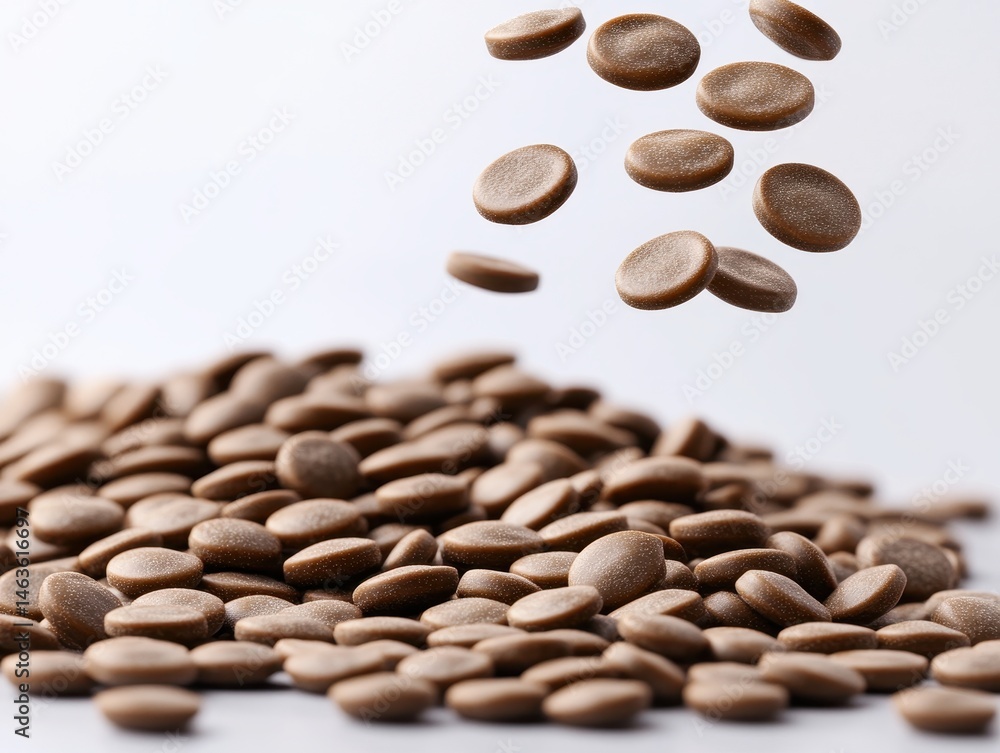 Chocolate discs falling onto pile studio shot close up brown candy sweets dessert food ingredient baking cooking Chocolate discs falling onto pile studio shot close up brown candy sweets dessert food ingredient baking cooking