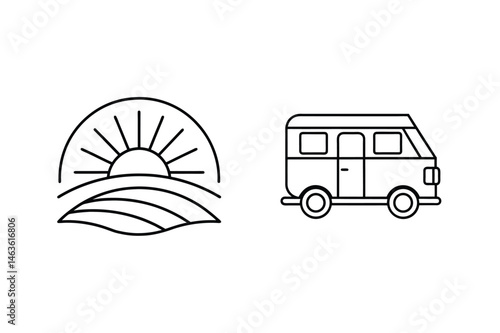 Minimalist line art depicting a sun over fields and a vintage campervan for travel concepts
