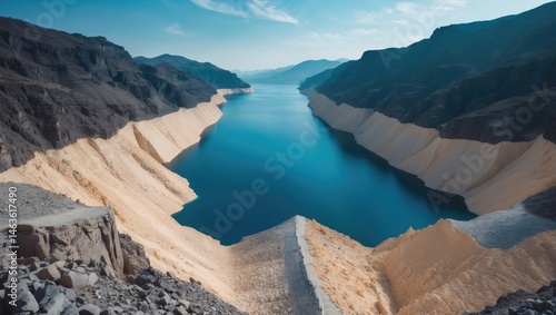 Wide-angle panorama of the low water level strip along the cliff at the lake viewed from the dam at the border