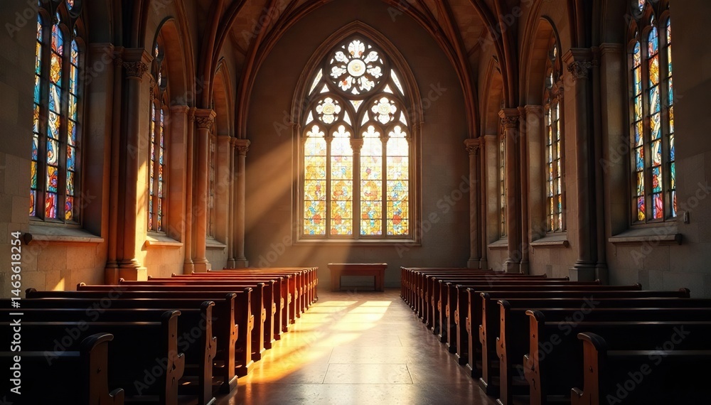 Fototapeta premium Quiet church interior, sunlight streams through stained glass, spiritual, religious