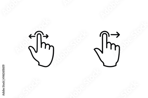 Minimalist black and white vector graphic illustrating swipe and scrolling hand gestures on a screen