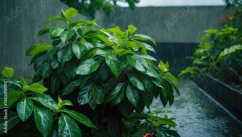 Beautiful avocado tree with bright green leaves and raindrops, emphasizing natural flora and woodland background