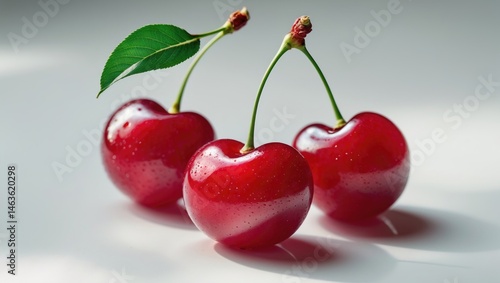 Close-up of three fresh cherries with stems and leaves