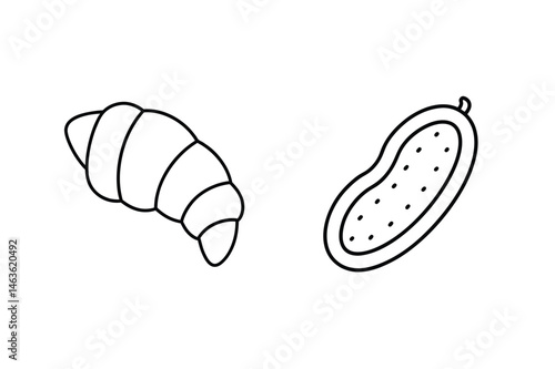 Black outline illustration of a croissant and cucumber isolated on white background in a simple design