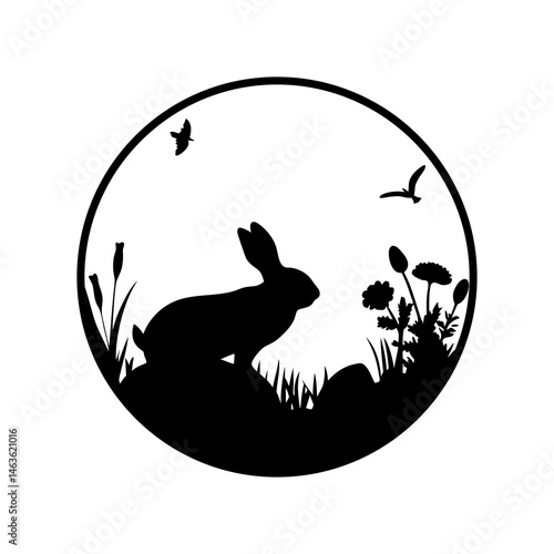 Black silhouette of rabbit with birds and flowers in circle vector illustration graphic design element