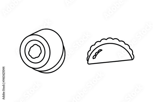 Simple vector illustration of sushi roll and empanada food outline design for culinary art