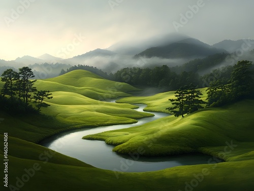 Pastoral landscape of rolling hills and a winding stream