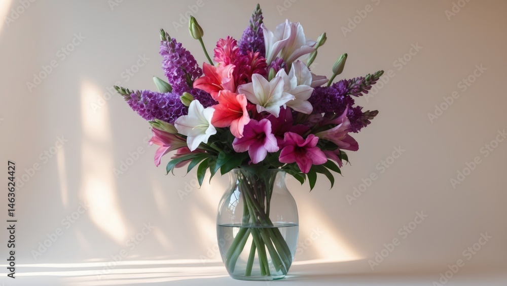 Naklejka premium Colorful Alstroemeria arranged in a glass vase with a light backdrop