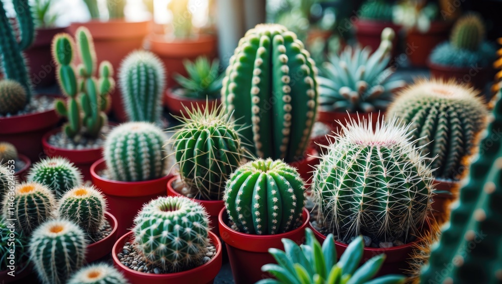 Fototapeta premium Succulents and cacti in pots illuminated by sunlight