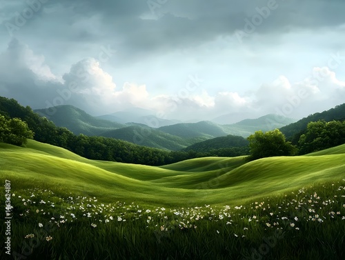 Pastoral landscape of rolling hills and lush meadows