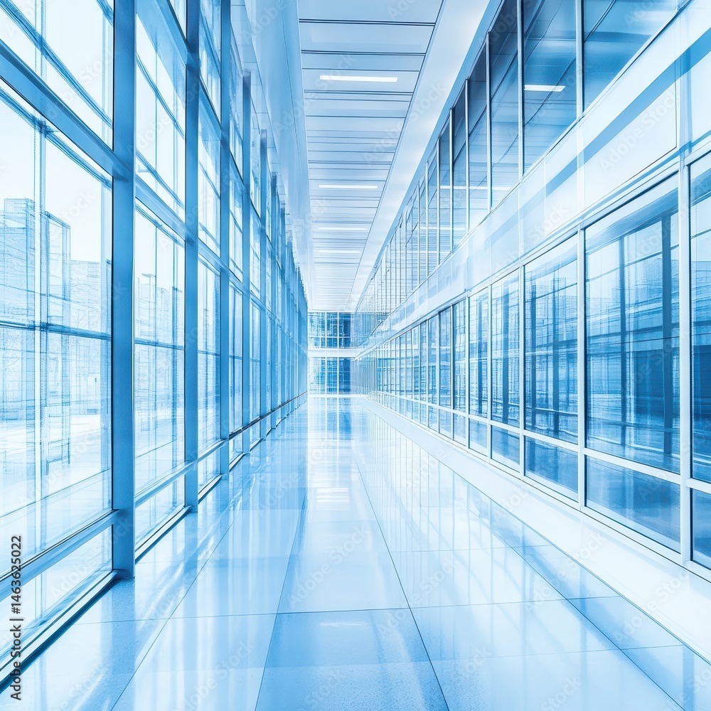 Modern Office Building Interior View of Empty Hallway with Glass Windows and Reflective Floor in Cool Blue Tone Modern Office Building Interior View of Empty Hallway with Glass Windows and Reflective Floor in Cool Blue Tone