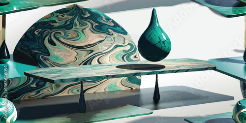 Abstract geometric still life in teal and beige marble pattern