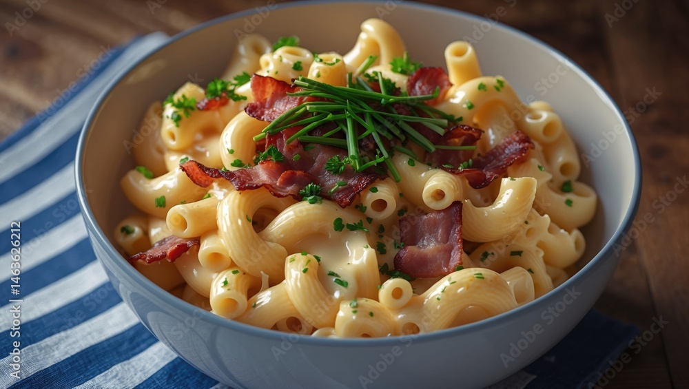 Homemade pasta dish featuring macaroni, melted cheese, bacon, and parsley, perfect for any meal. Homemade pasta dish featuring macaroni, melted cheese, bacon, and parsley, perfect for any meal.