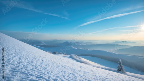 Fototapeta Naklejka Na Ścianę i Meble -  Snow-covered mountain slope at Silesian Beskid with a bright winter sky and outdoor scenery