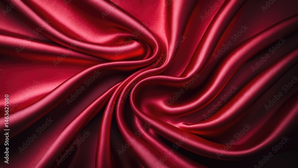 Fototapeta premium Beautiful red silk satin surface showcasing smooth, wavy folds on shiny fabric with ample space for design
