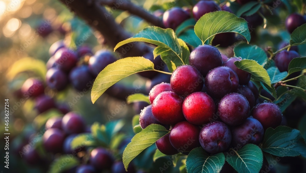 Obraz premium Fresh purple and red plums ripening on a garden tree in spring