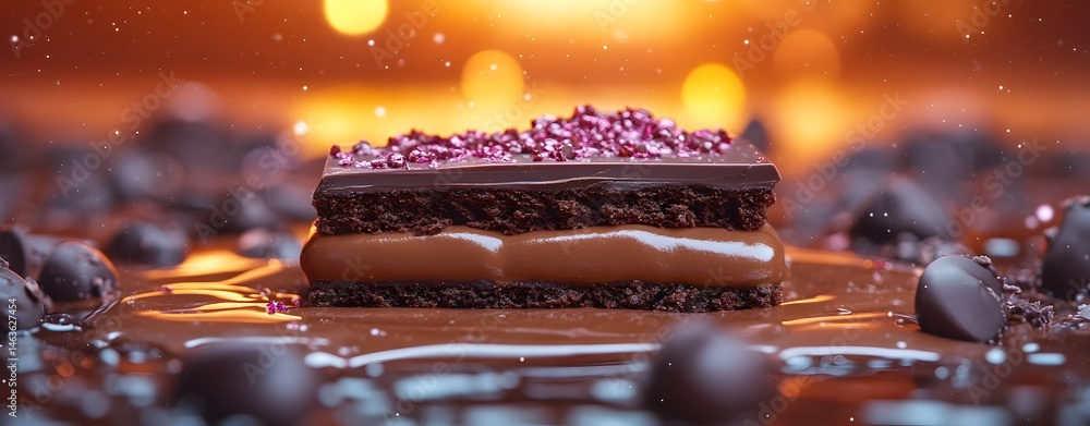 A delicious chocolate birthday cake with cream and lit candles sits on a plate, a sweet treat from the bakery
