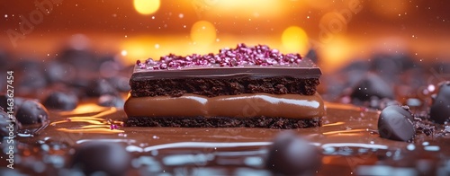 Obraz na płótnie A delicious chocolate birthday cake with cream and lit candles sits on a plate, a sweet treat from the bakery w salonie