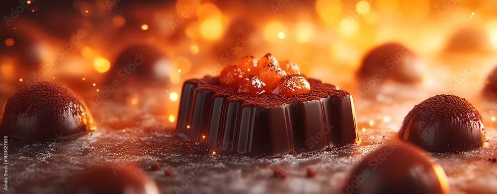 create an image of a chocolate dessert under the warm glow of an ethereal light during a sunset, evoking feelings of indulgence and bliss, use vibrant