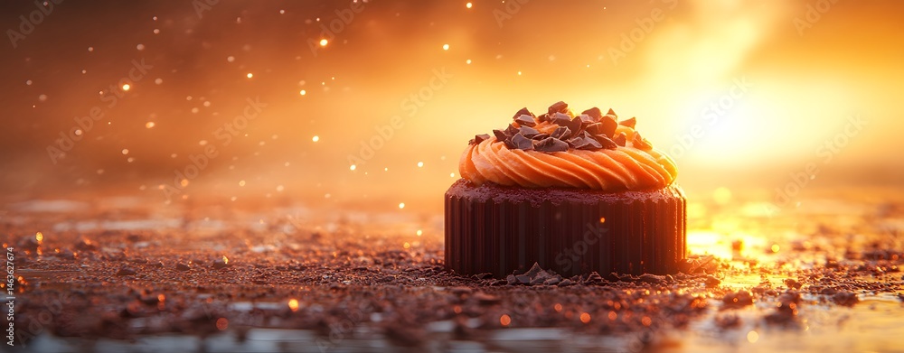 create an image of a chocolate dessert under the warm glow of an ethereal light during a sunset, evoking feelings of indulgence and bliss, use vibrant