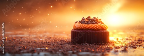 Obraz na płótnie create an image of a chocolate dessert under the warm glow of an ethereal light during a sunset, evoking feelings of indulgence and bliss, use vibrant w salonie