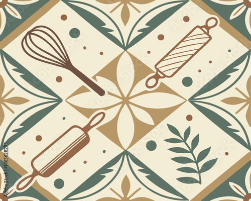 Retro kitchen seamless pattern with rolling pins, whisk, leaves and tile ornament