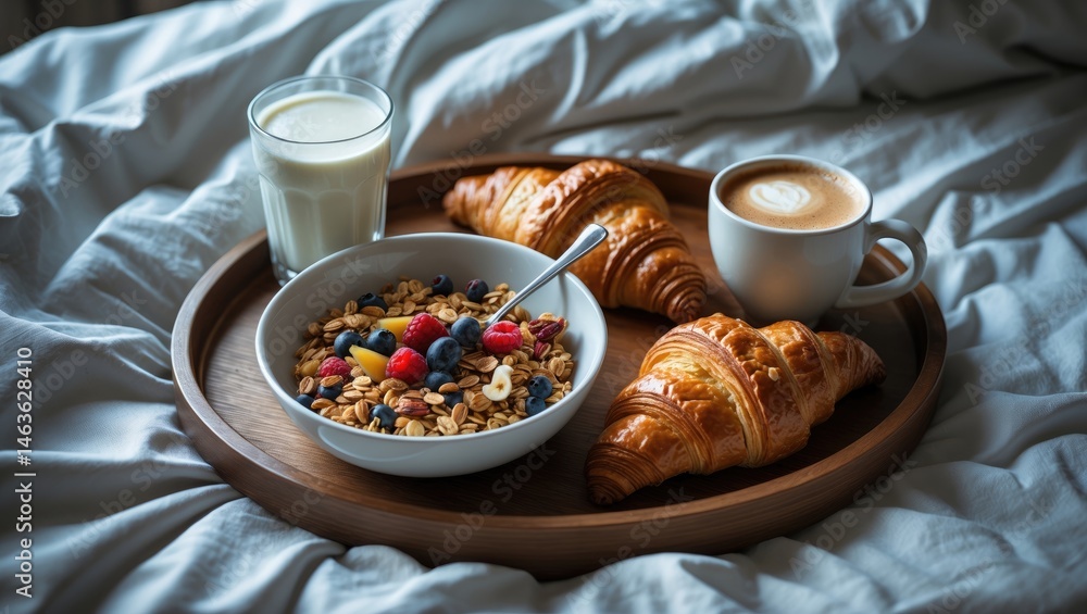 Coffee and croissants served for breakfast in bed Coffee and croissants served for breakfast in bed