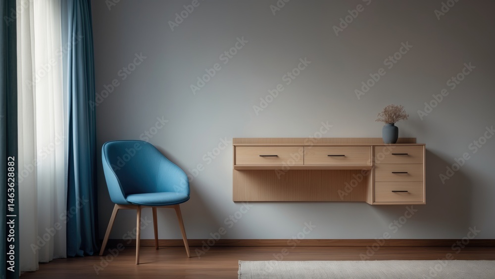 Fototapeta premium Contemporary bedroom decor with a wall-mounted wooden dressing table with drawers