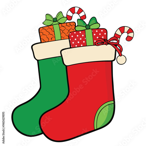 Christmas Stockings Filled with Festive Gifts and Candy Canes