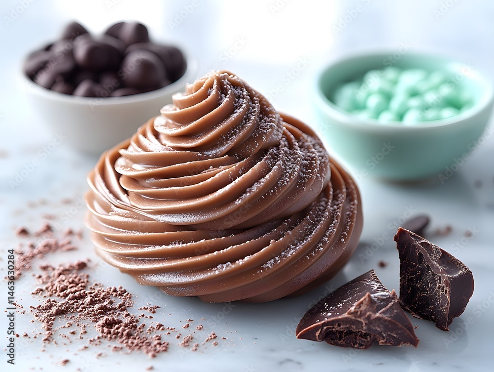 Delicious brown chocolate candies, a sweet snack and dessert, are presented both on a white plate and in a bowl