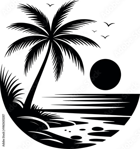 Summer tropical sunset with palm trees. A black and white minimalist tropical scene in a circular design.